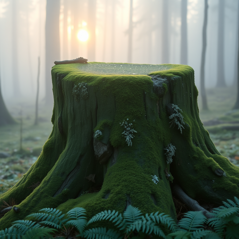 Weathered Tree Stump Covered in Vibrant Green Moss