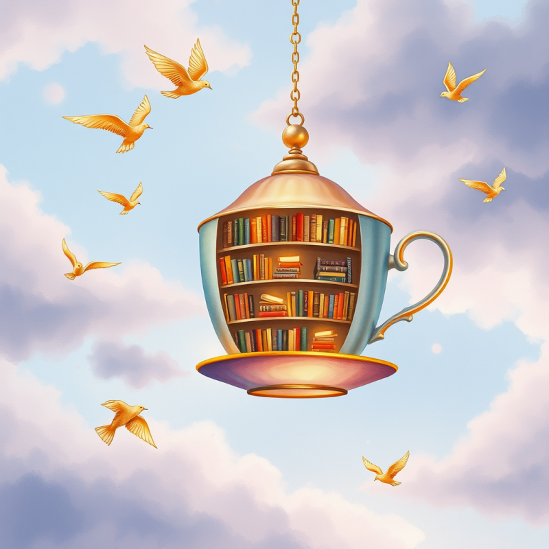 Whimsical Floating Teacup Filled with Books Hangs