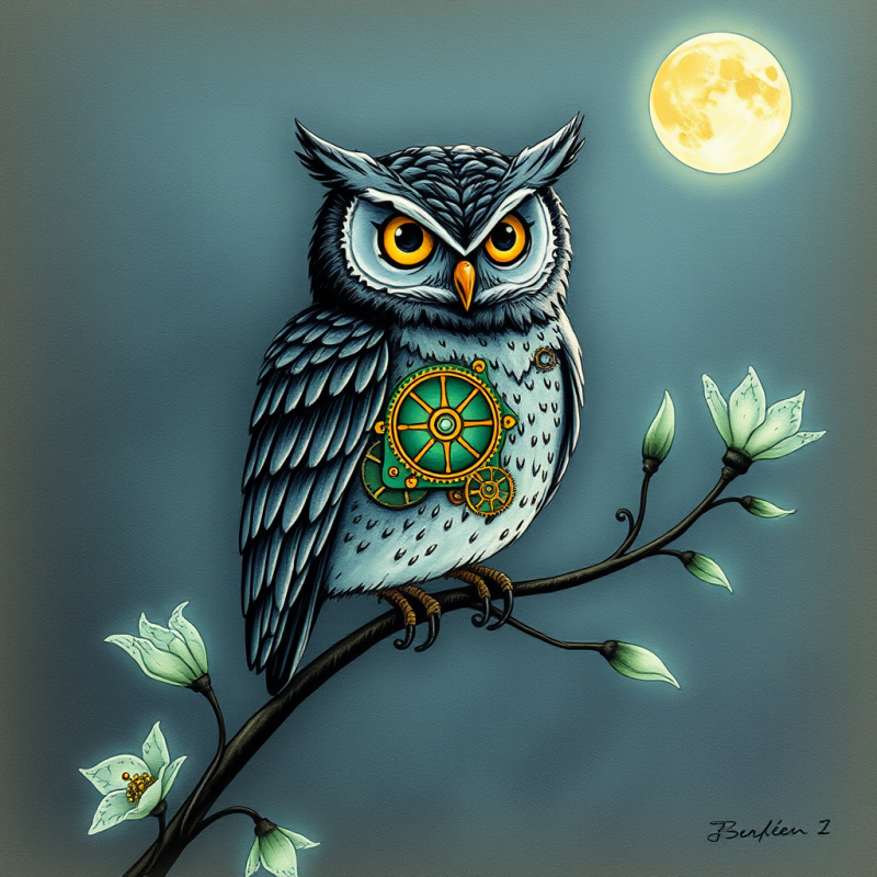 Whimsical Hand-drawn Illustration of a Clockwork Owl Pe...