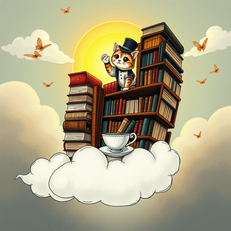 Whimsical Hand-drawn Illustration of a Floating Library...
