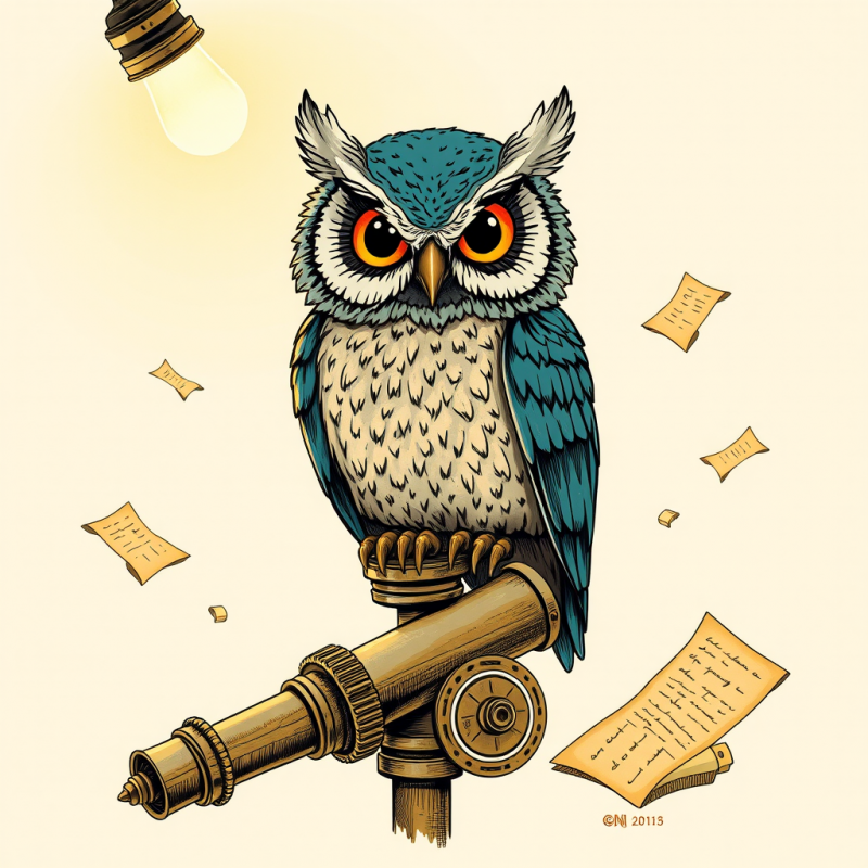 Whimsical Hand-drawn Illustration of a Steampunk Owl Pe...
