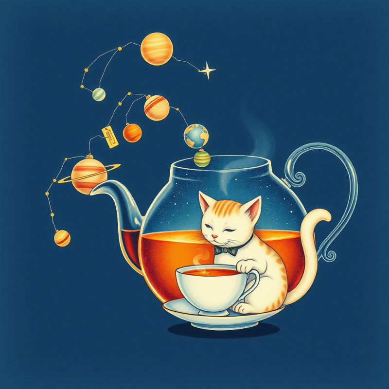 Whimsical Illustration of a Cat in a Teapot Holding
