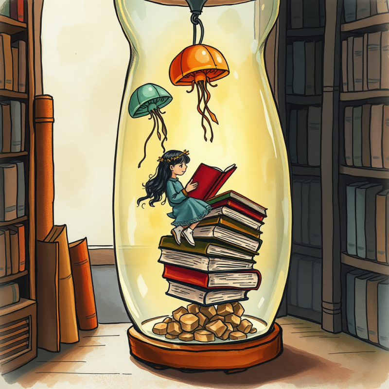 Whimsical Illustration of a Girl Reading a Book