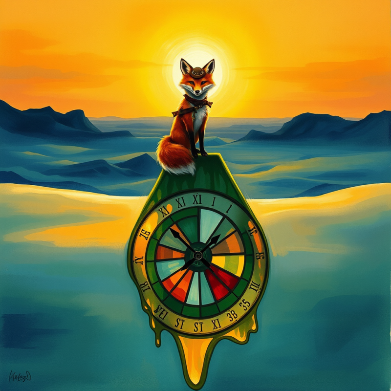 Whimsical Red Fox Sits Atop a Melting Clock Against