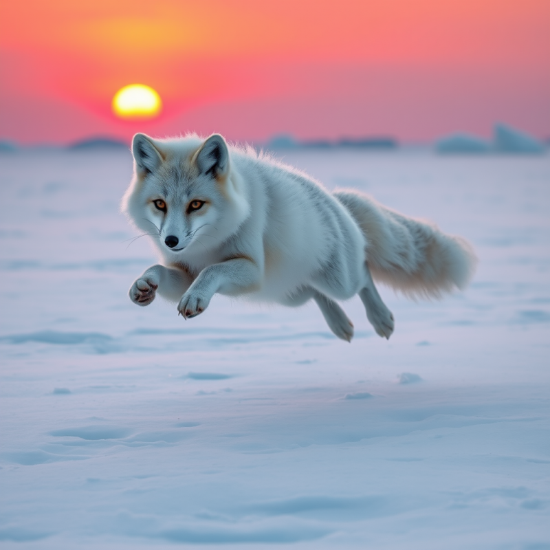 White Arctic Fox Leaps Dynamically Across a Snowy