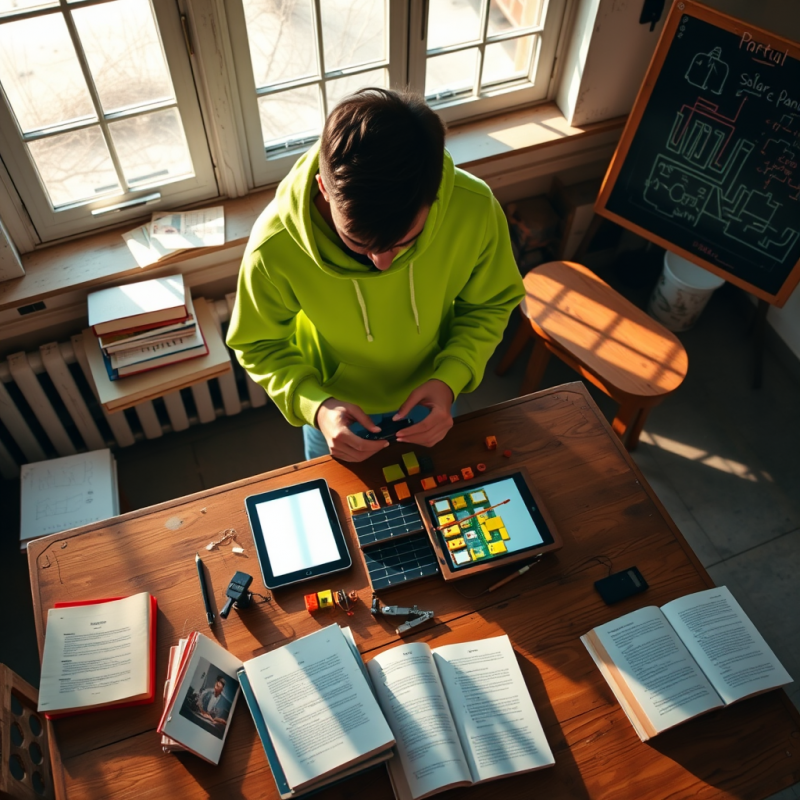 Wide-angle Shot from Above of a Student in a Neon-green...