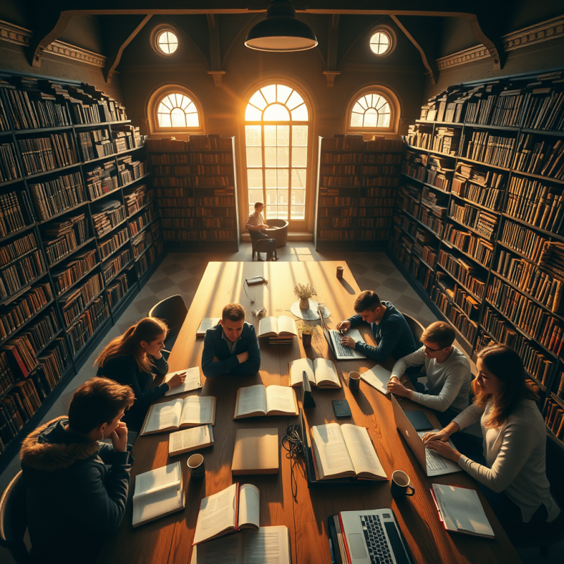 Wide-angle Shot from Above of a Sunlit College Library ...
