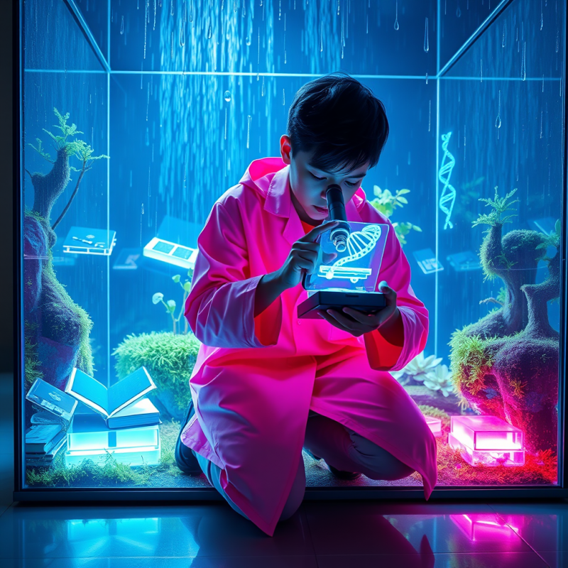 Wide-angle Shot of a Student in a Neon-pink Lab Coat