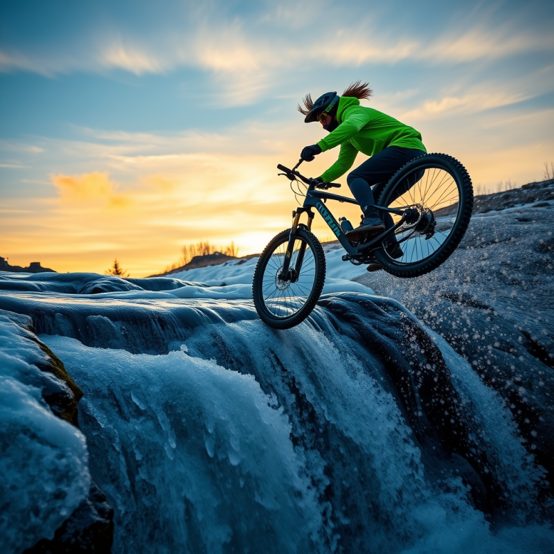 Windswept Mountain Biker in Neon-green Gear Leaps Mid-a...