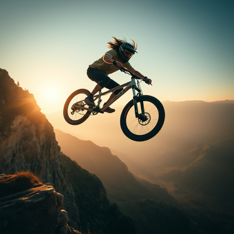 Windswept Mountain Biker Mid-air After a Jump