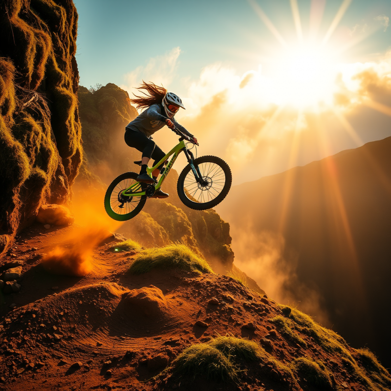 Windswept Mountain Biker Mid-air Over a Mossy Cliffside...