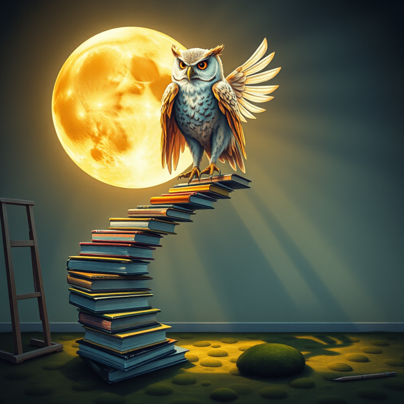 Wise Owl Stands Atop a Staircase Made of Books,