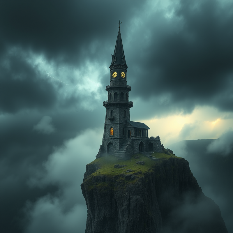 Wizard Tower on Cliff Edge Stormy Sky Magical