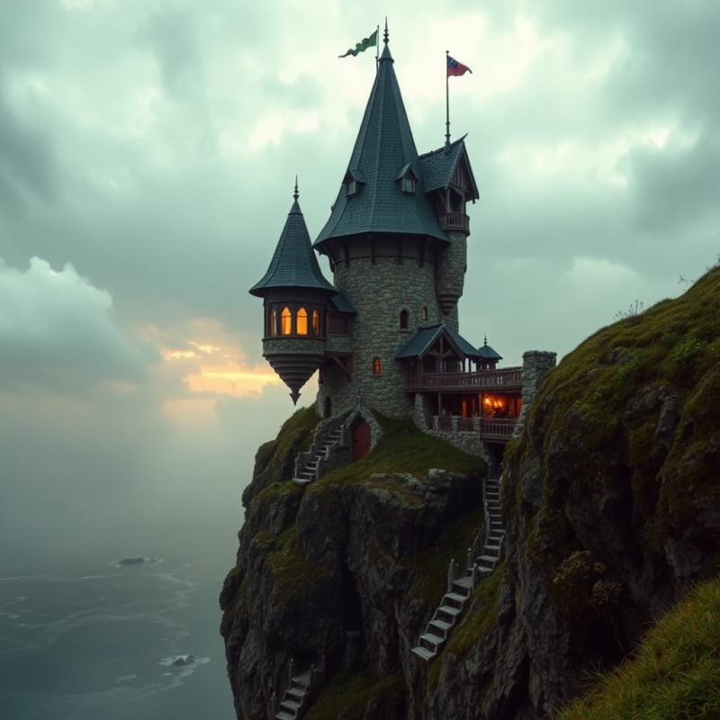 Wizard Tower on Cliff Edge Stormy Sky Magical