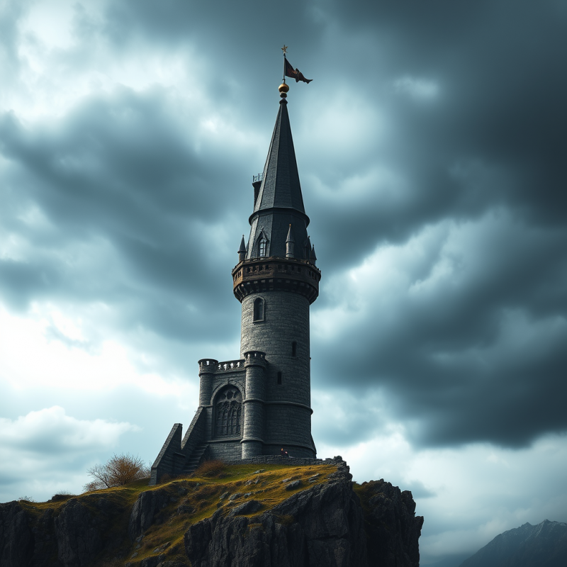 Wizard Tower on Cliff Edge Stormy Sky Magical