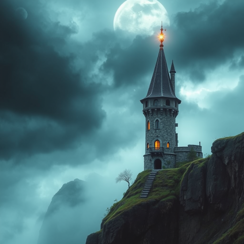 Wizard Tower on Cliff Edge Stormy Sky Magical