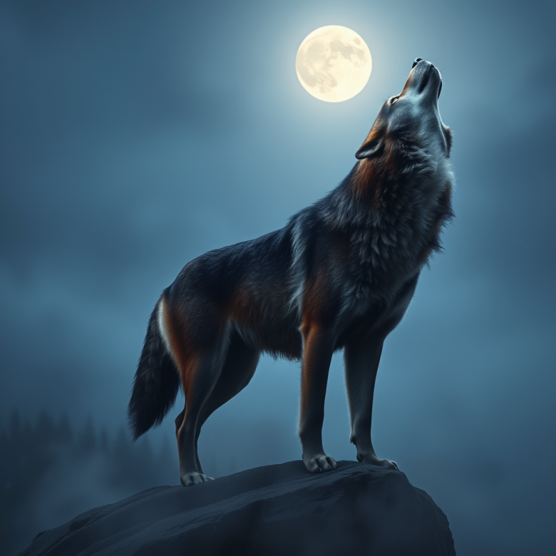 Wolf Howling at Full Moon on Rocky Peak
