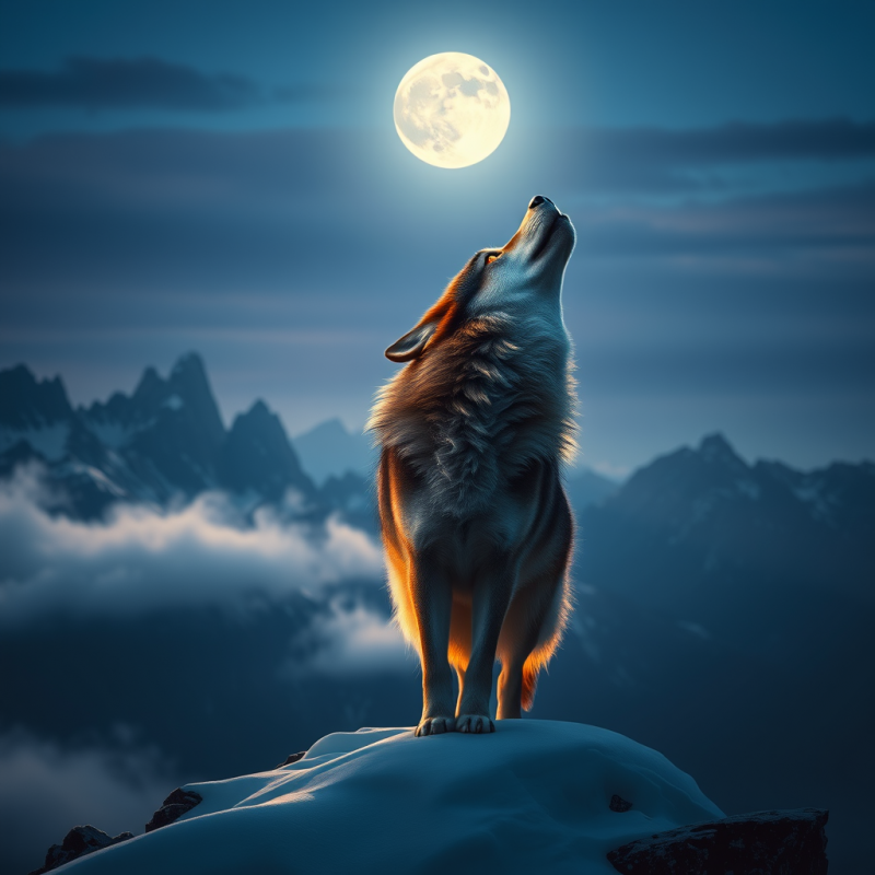 Wolf Howling at Full Moon on Snowy Peak
