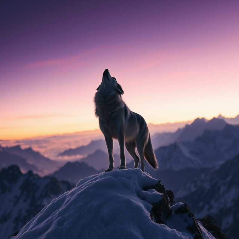 Wolf Howling at Sunset on Snowy Peak