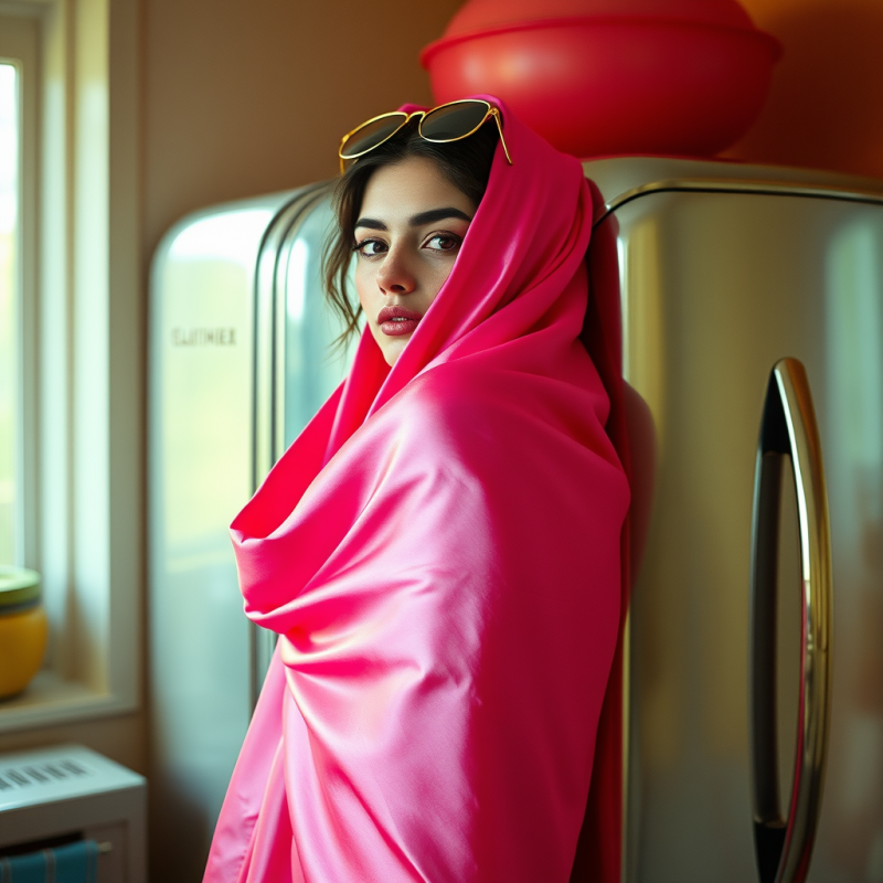 Woman Draped in a Vibrant Pink Fabric with