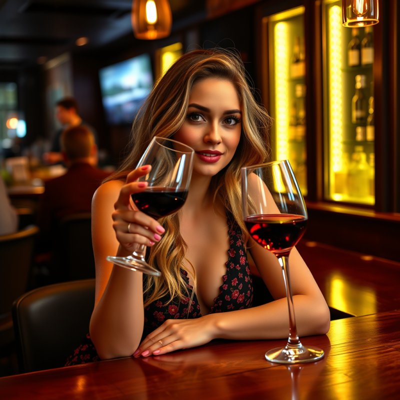 Woman Enjoying Red Wine at Cozy Bar