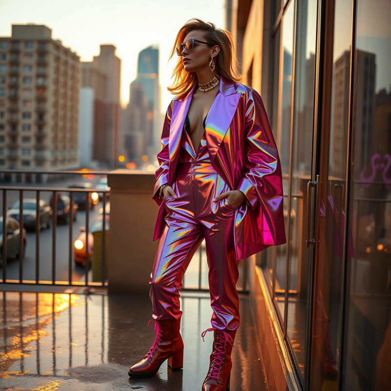 Woman in a 1980s-coded Power Suit Made of Iridescent Me...
