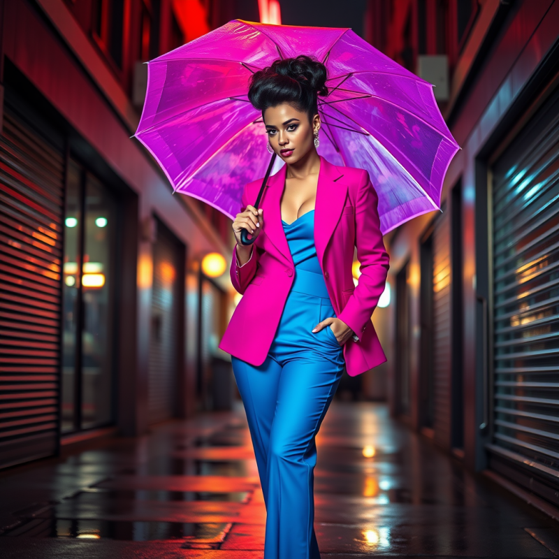 Woman in a 1980s-coded Power Suit—neon Magenta Blazer...