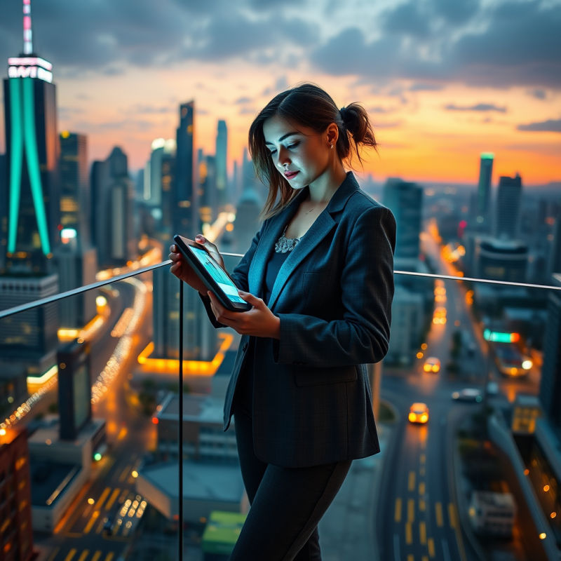 Woman in a Charcoal-gray Tailored Blazer Stands on a Gl...
