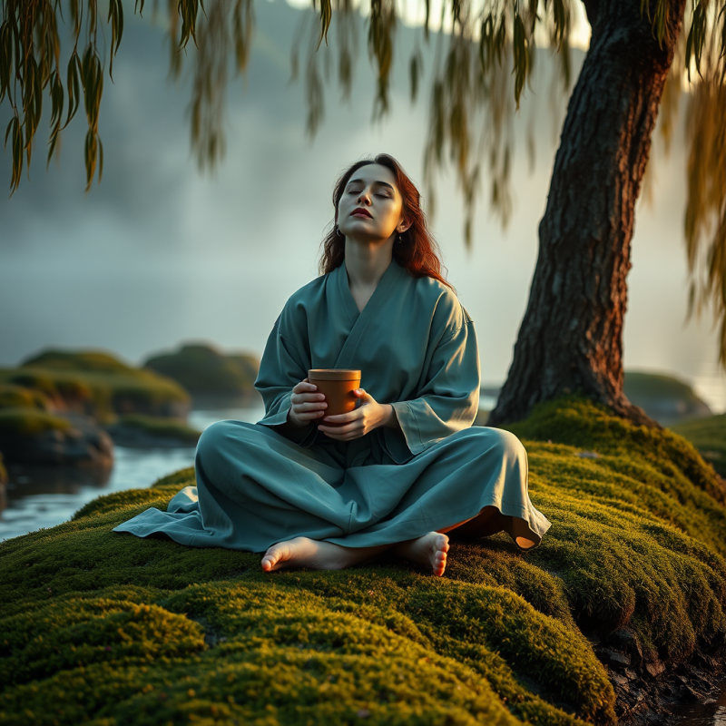 Woman in a Flowing Sage-green Robe Sits Cross-legged On...