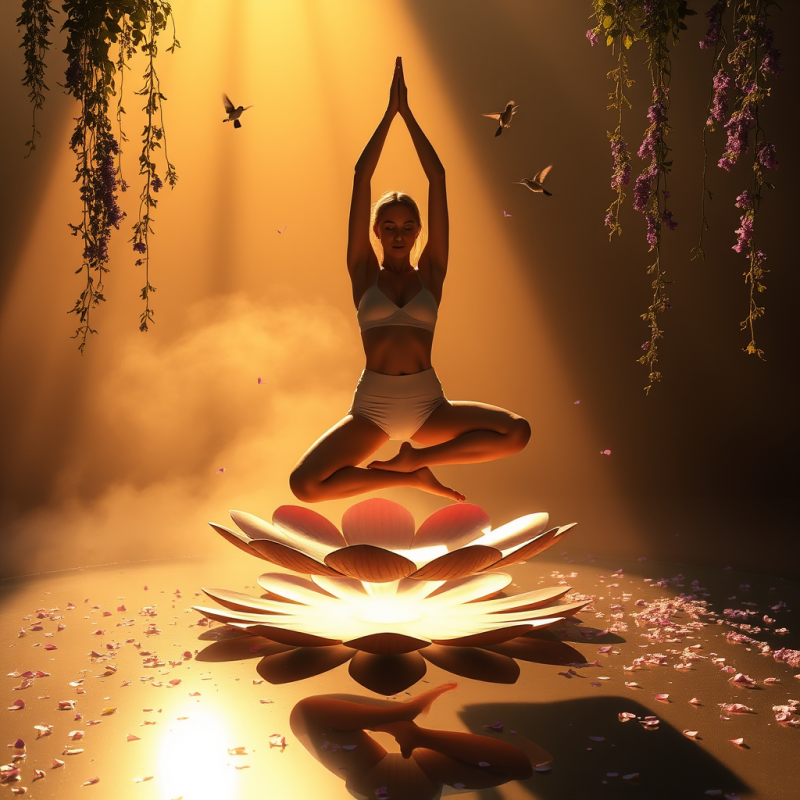 Woman in a Glowing Amber-hued Sunrise Yoga Studio