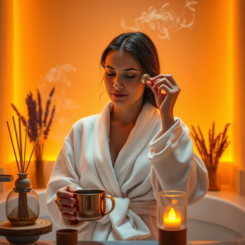 Woman in a Glowing Amber-lit Bathroom
