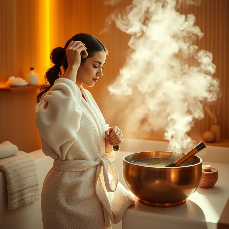 Woman in a Glowing Amber-lit Bathroom