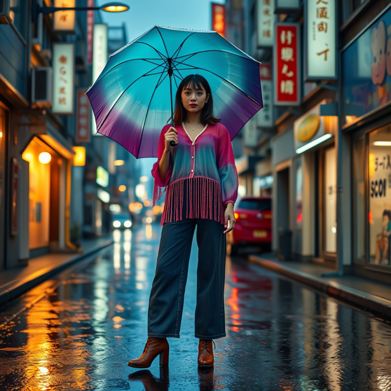 Woman in a Gradient Turquoise-and-magenta Sheer Blouse ...