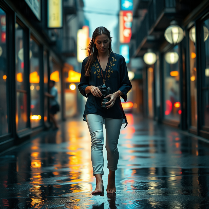 Woman in a Hand-embroidered Midnight Blue Silk Blouse W...