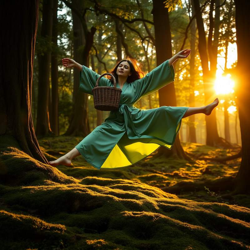 Woman in a Jade-green Satin Robe Stretches Mid-air Abov...