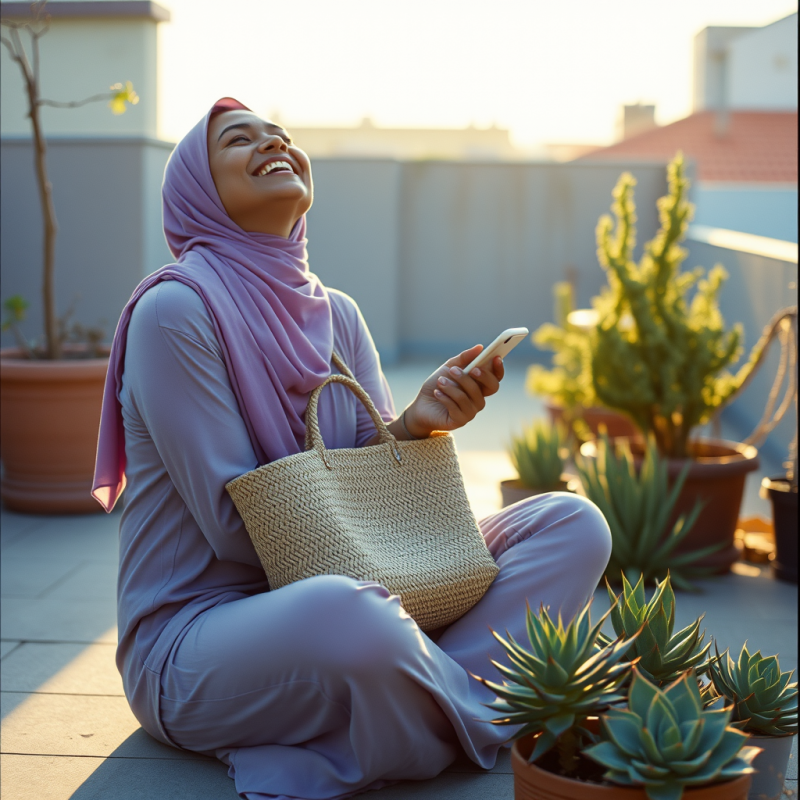 Woman in a Lavender Hijab Sits Cross-legged on a Sunlit...