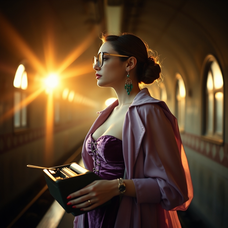 Woman in a Lavender Velvet Corset Layered Under a Trans...