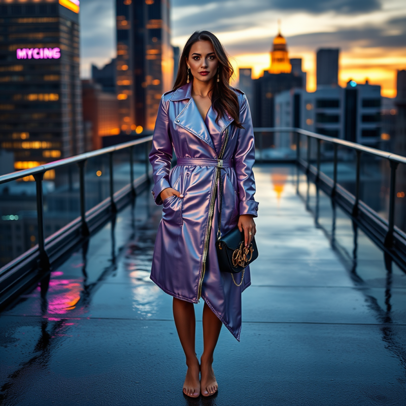 Woman in a Metallic Lavender Trench Coat with Asymmetri...
