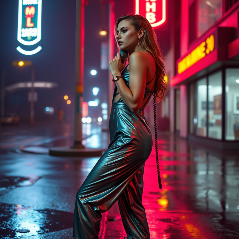 Woman in a Metallic Teal Jumpsuit with Asymmetrical Cut...