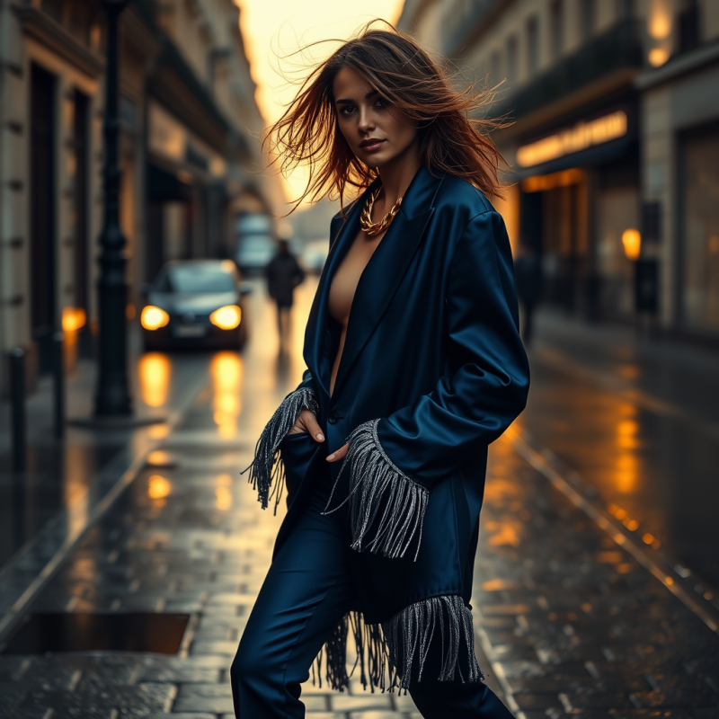 Woman in a Midnight Blue Satin Oversized Blazer with Ca...