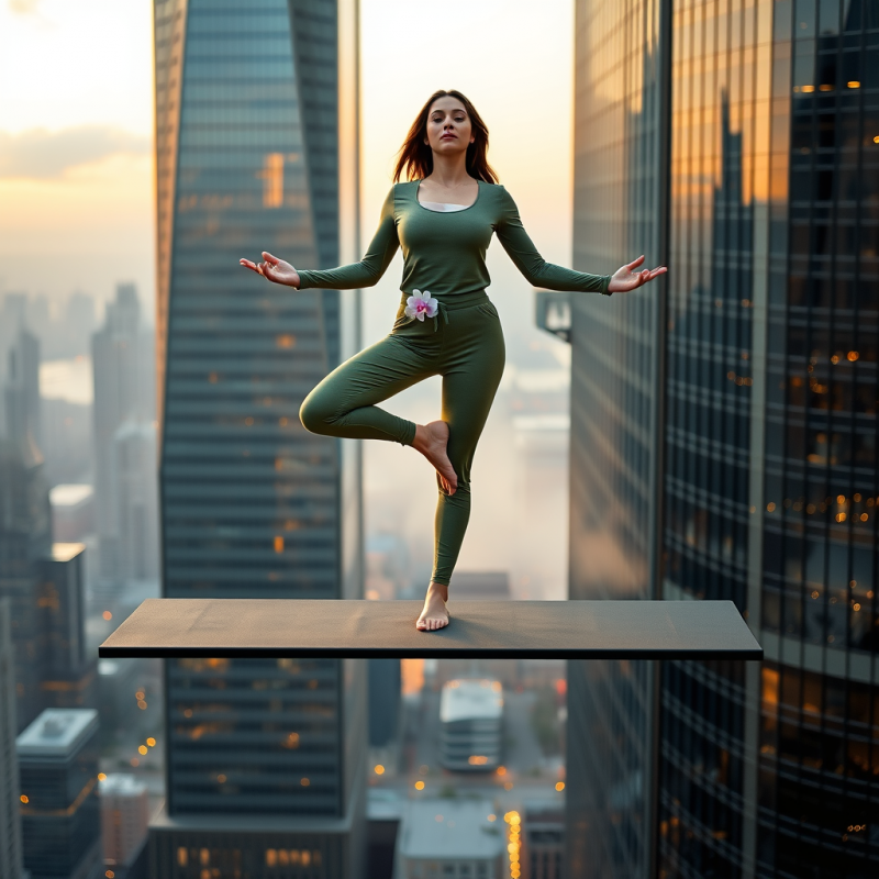 Woman in a Moss-green Athleisure Suit Balances on One L...