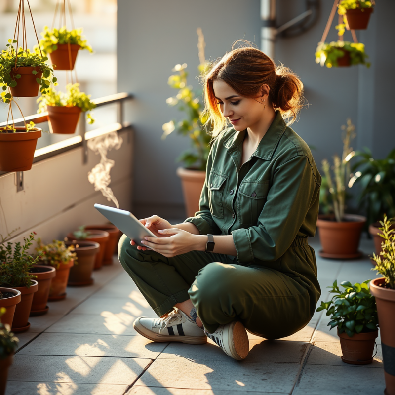 Woman in a Moss-green Boiler Suit Kneels Cross-legged O...