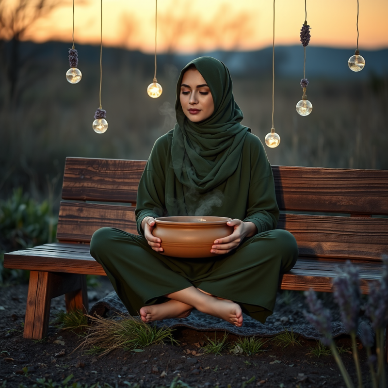 Woman in a Moss-green Hijab Sits Cross-legged on a Weat...