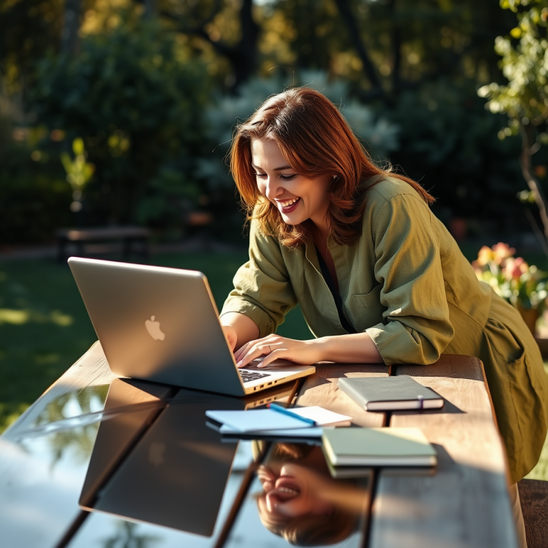 Woman in a Moss-green Linen Blouse Leans Over Her Lapto...