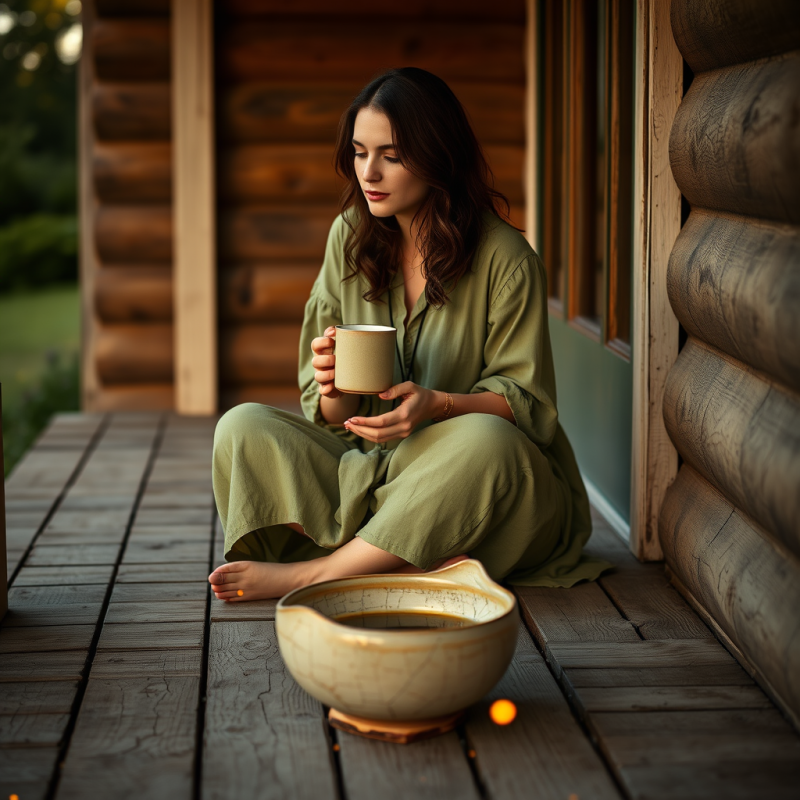 Woman in a Moss-green Linen Dress Sits Cross-legged on ...