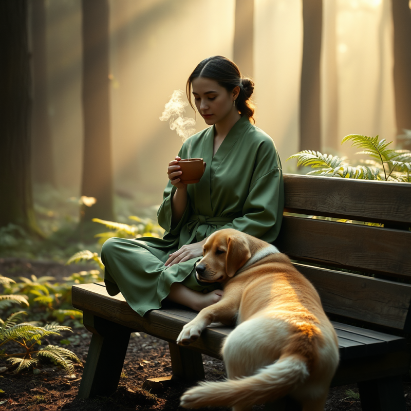 Woman and Dog in a Serene Forest