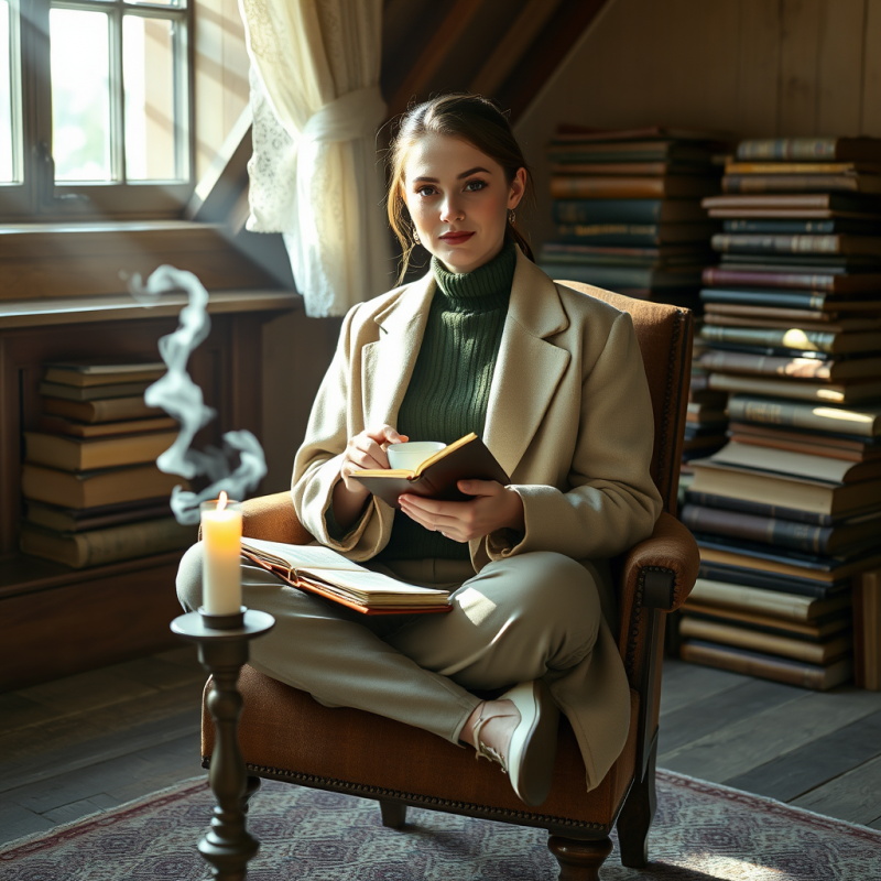 Woman in a Moss-green Velvet Turtleneck and Cream-wool ...