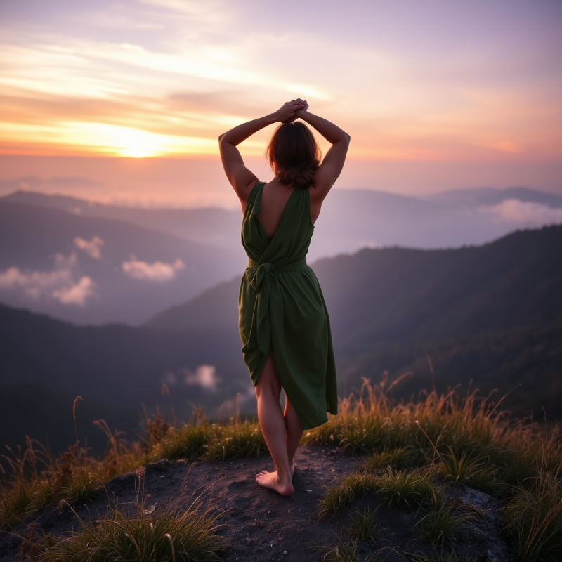 Woman in a Moss-green Wrap Dress Stretches Barefoot on ...
