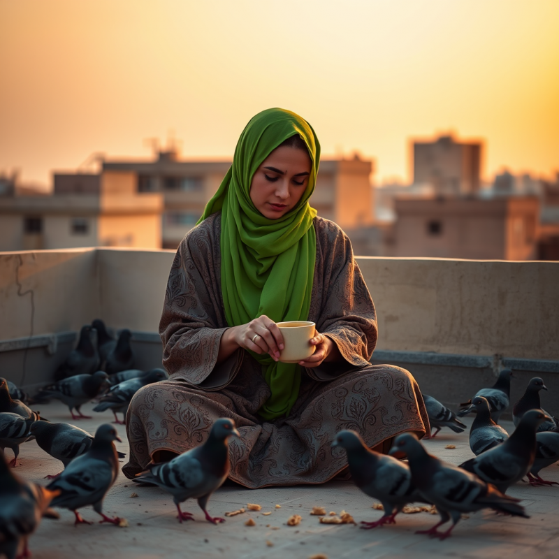 Woman in a Neon-green Headscarf and Patterned Robe Sits...