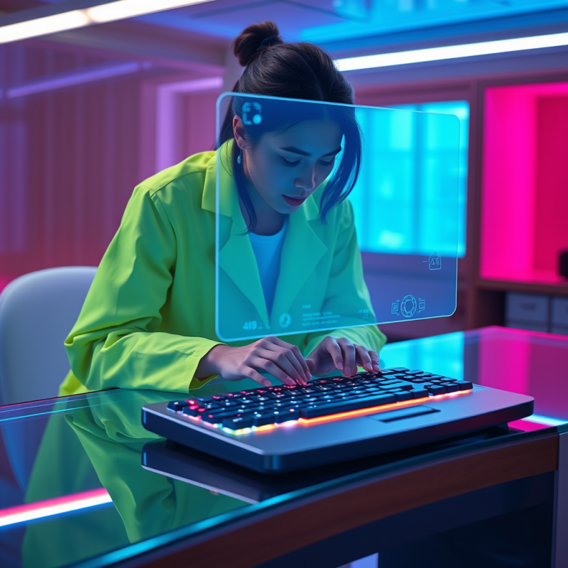 Woman in a Neon-green Lab Coat Hunched Over a Transluce...